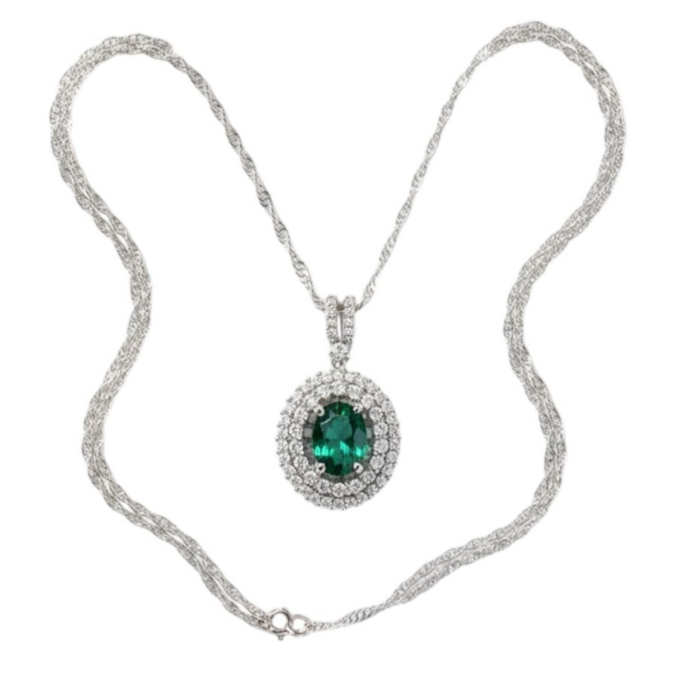 Gold Coast Platinum Plated Green Emerald Color Double Halo Pendant Necklace Box